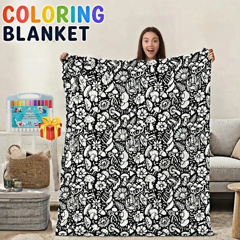 Color-Your-Own Blanket for Kids & Adults – DIY Interactive Fuzzy Velvet Throw with 24 Acrylic Markers – Creative Art Blanket for Family Fun & Travel，graduation gifts，color blanket，tapestry