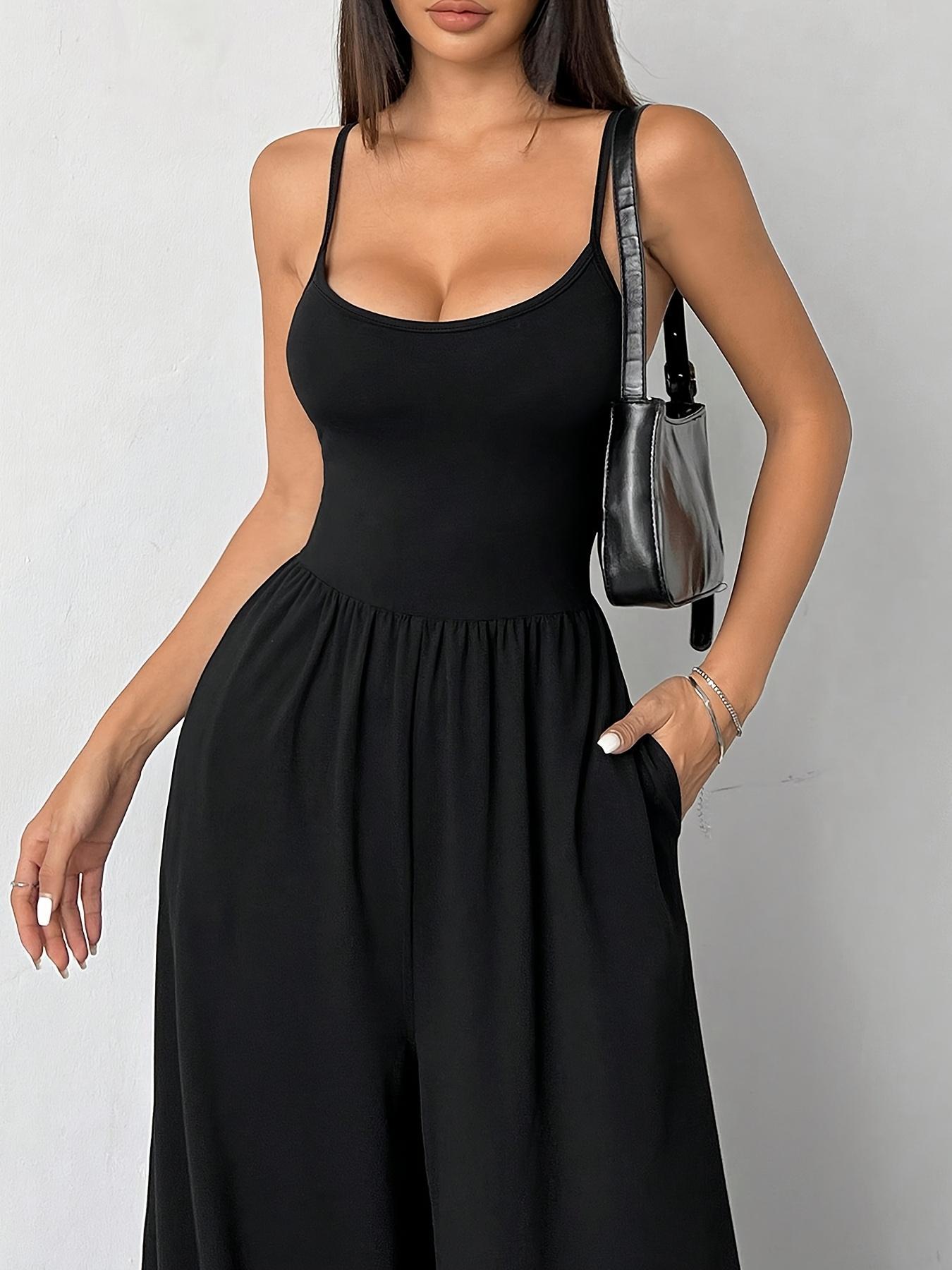 Women's Solid Wide Leg Jumpsuit, Casual Comfy Backless Cami Jumpsuit for Daily Wear, Ladies Clothes for All Seasons