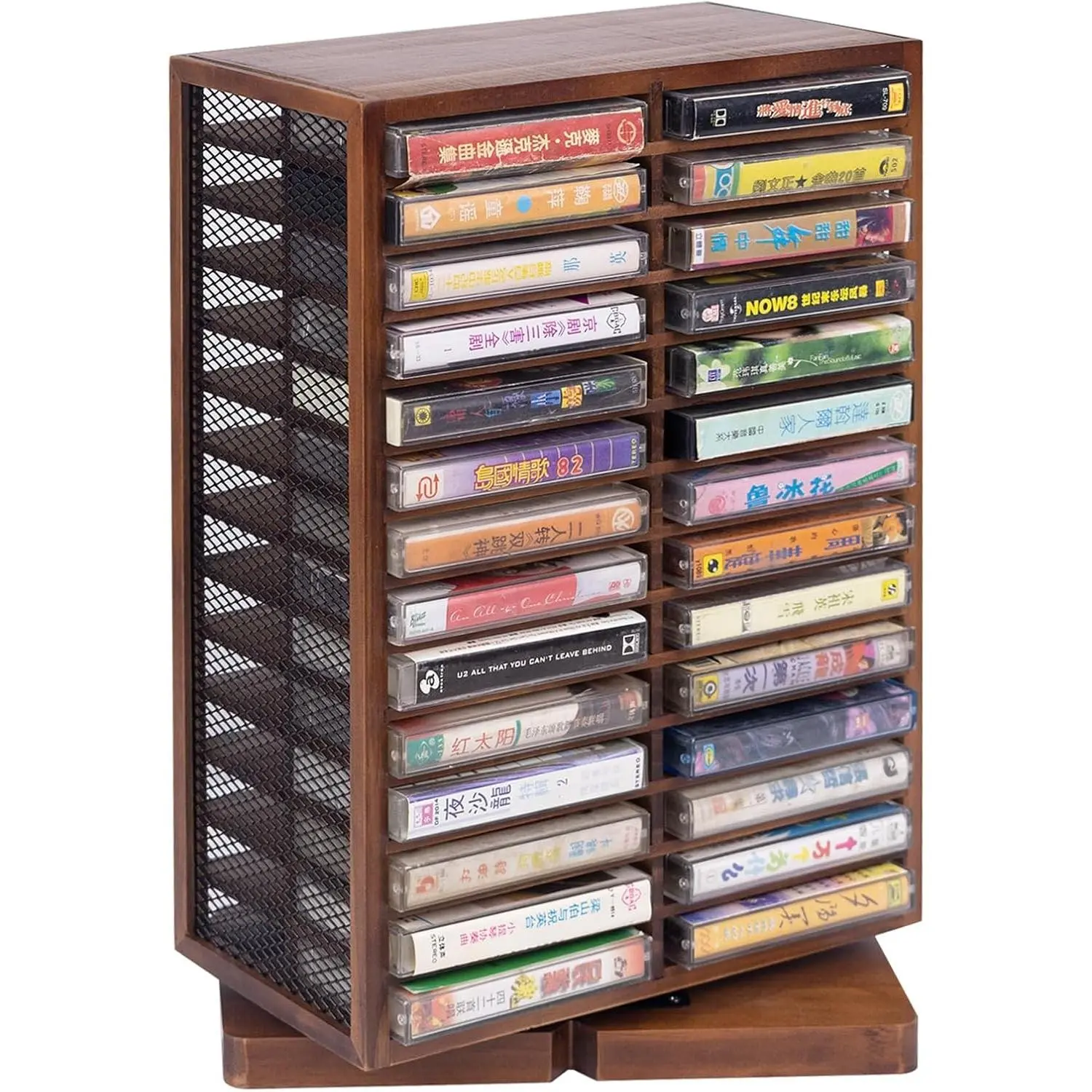 Cassette Tape Storage Box, Wood Cassette Rack, Wooden Cassette Tape Holder 360-Degree Rotatable, 56 Capacity, Double-Sided & Diamond Metal Wire Mesh, the Ideal Gift for Cassette Collectors