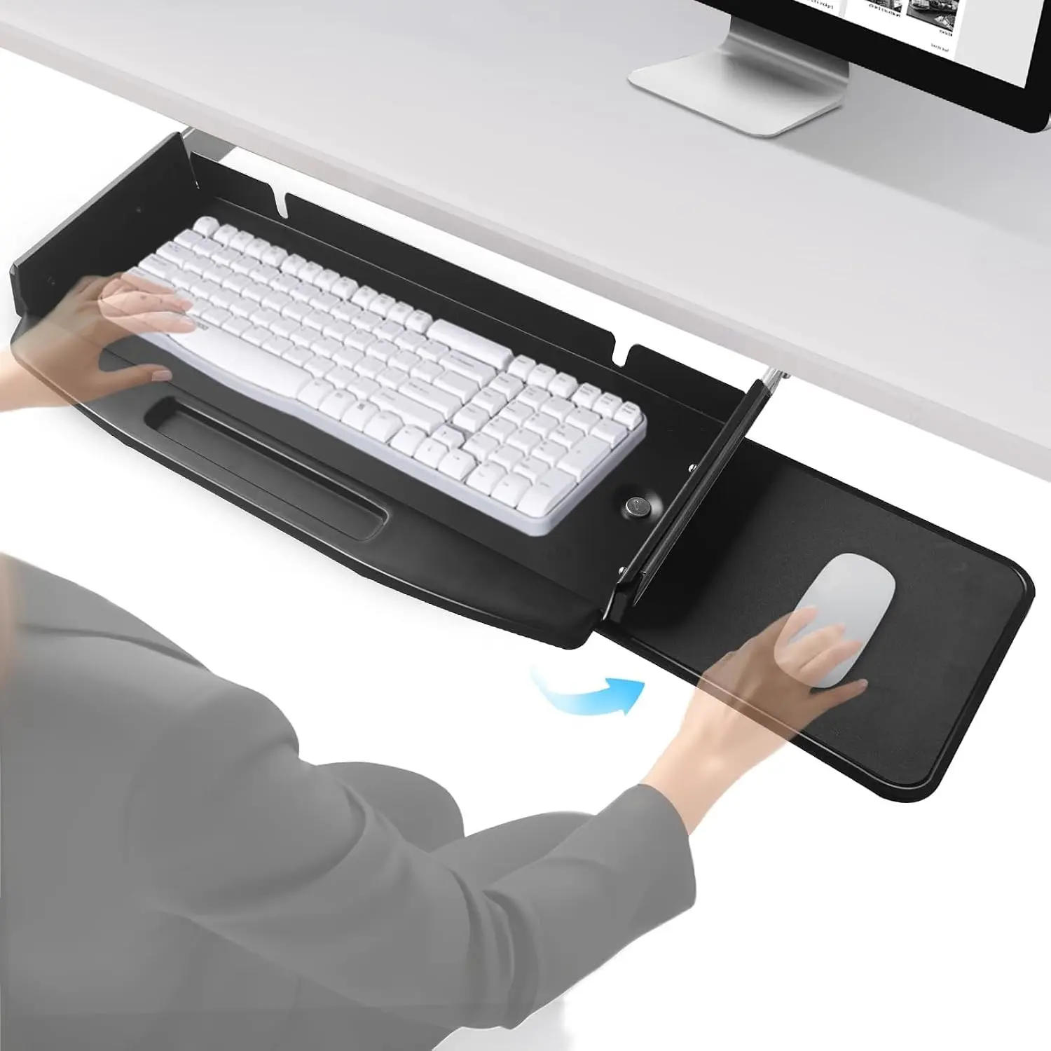 Under Desk Solid Steel Slide Out Keyboard Tray with 360° Rotating Mouse Platform, Sliding Mounted Keyboard Shelf Holder Drawer 28"L x 11"W