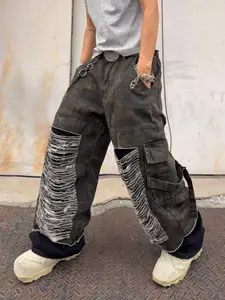 Men's Loose-Fit Jeans, Camo Patchwork Ripped Distressed Jean Work Pants, Multi-Pocket Frayed Edge Design, Trendy Streetwear, Multiple Sizes Available