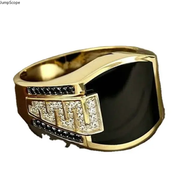 Two-Tone Gold & Silver Plated Men’s Iced Out Black Onyx Statement Ring, Geometric Inlaid Cubic Zirconia Wide Band Hip Hop Finger Jewelry, Bold Masculine Bling Ring for Streetwear, Club Outfits & Men’s Gift Giving