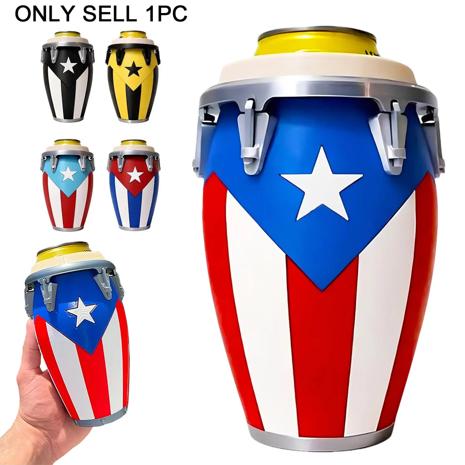 3D Printed Puerto Rico Conga Drum Can Cooler, Insulated 12oz Standard Can Holder with Puerto Rican Flag Design, Portable Beverage Carrier for Latin Party, BBQ, Unique Home & Festive Party Supplies Gift