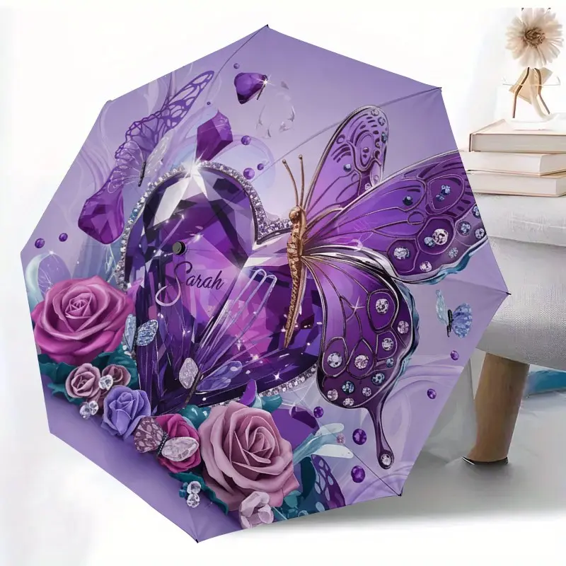 Butterfly Heart Flower Gift Umbrella, Windproof Folding Umbrella, Handheld Automatic Folding, Portable Outdoor Accessory, Perfect for Christmas and Birthday Gifts
