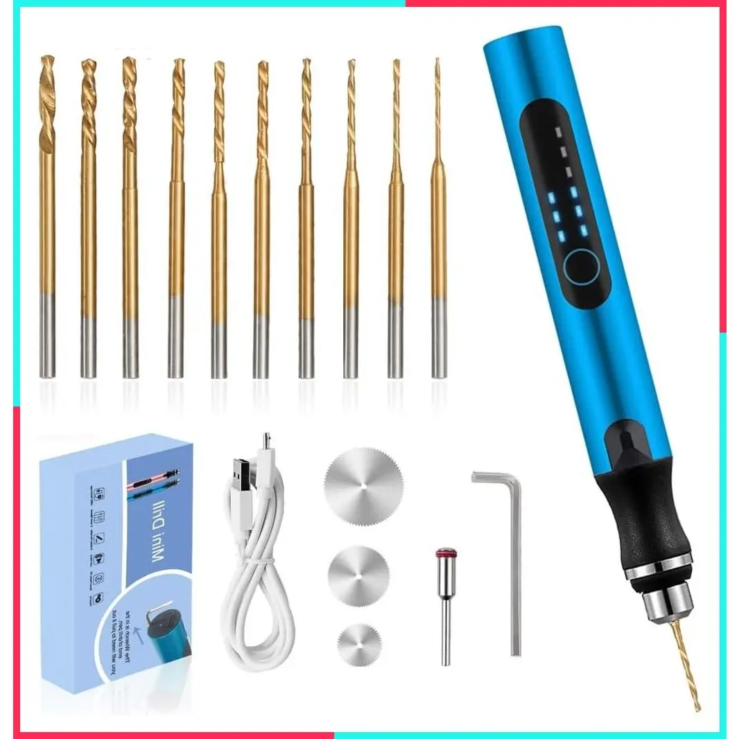 3-Speed Cordless Mini Drill Pen with 10 Small Drill Bits, Rechargeable Electric Hand Drill Pin Vise for Jewelry Making, Resin, Plastic, Wood, Keychains DIY, Blue