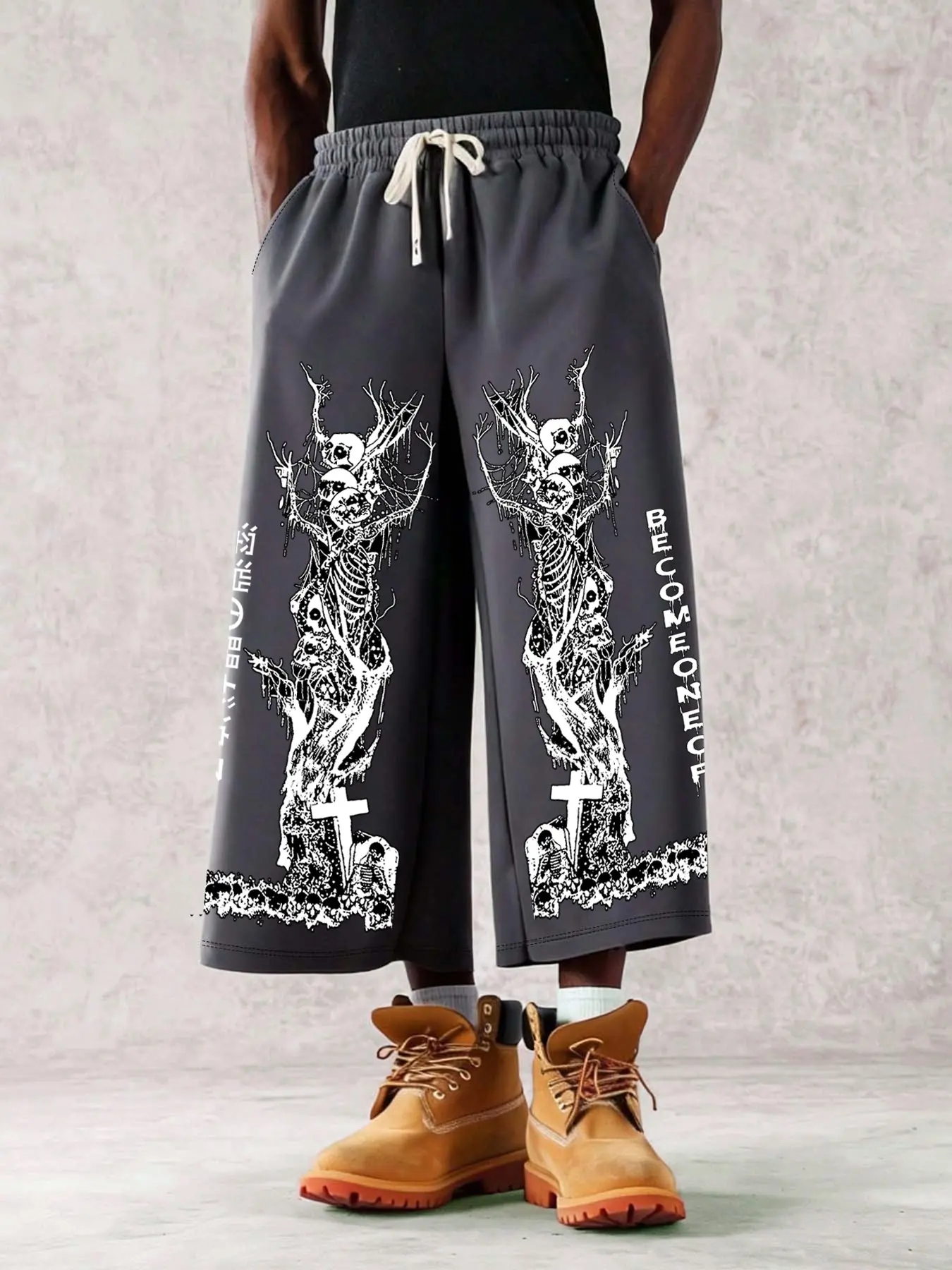Unisex Subculture Emo Dark Style Loose Straight-leg Trousers, Casual Streetwear Trousers, Punk Metal Sweatpants with All-over Vertical Prints of Skulls and Crosses & Vertical Drawstrings, Breathable Sports Pants with Fade-resistant Prints and Loose Fit