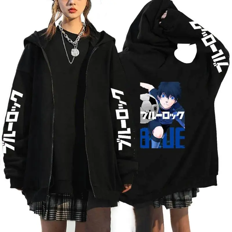 Blue Lock Isagi Yoichi Graphic Zip-Up Hoodie, Unisex Harajuku Style Loose Cut Long Sleeve Casual Sports Top for All-Seasons