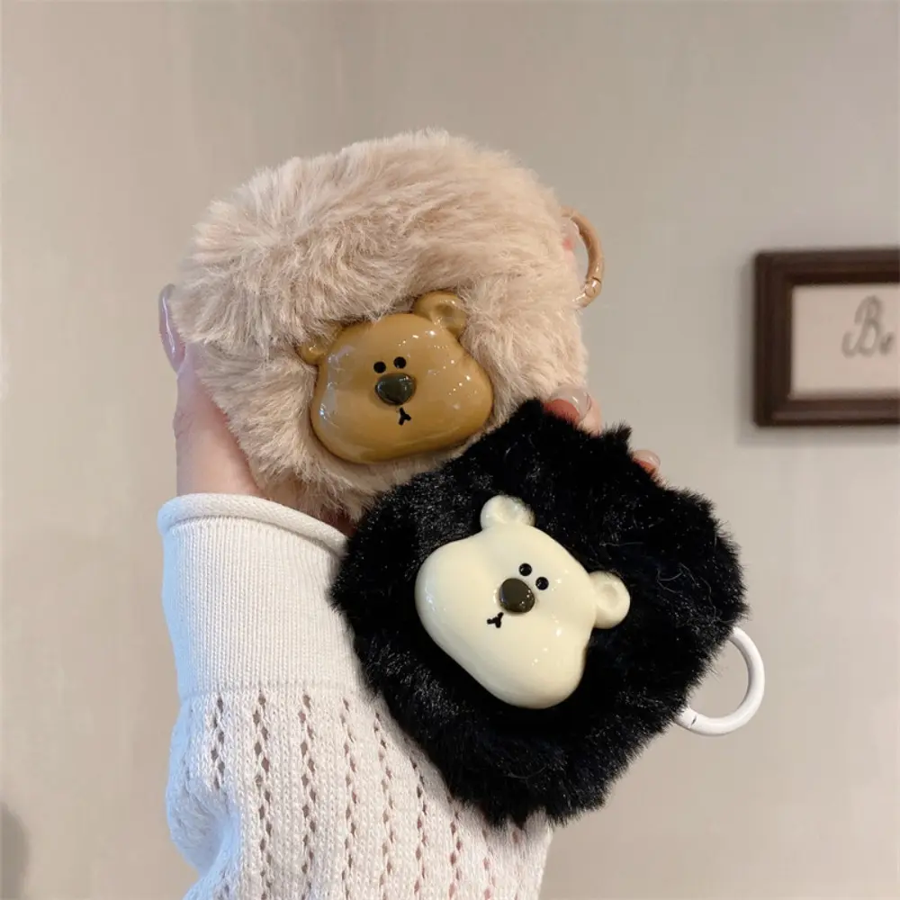 Girly Look 3D Fluffy Plush Bear Earphone Case - Shockproof Silicone Lined Protection for AirPods Pro 2/Pro, 3 & 2/1, Wireless Charger Compatible