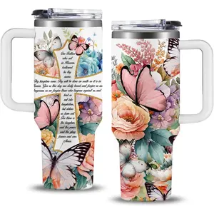 Christian Gifts for Women, 40 oz Christian Tumbler with Handle, Christian Birthday Gifts for Women, Religious Gift for Flower Butterfly Lords Prayer Cross Christian Cup