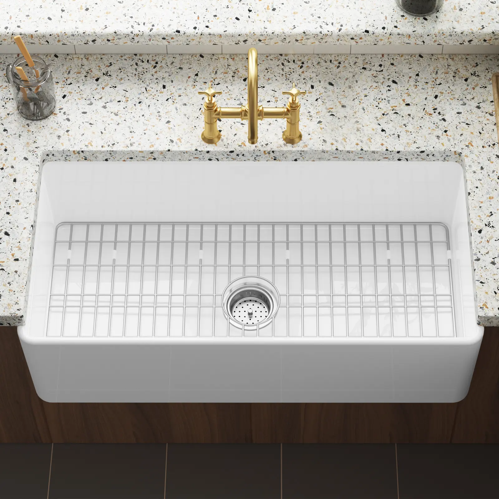 Large Deep White Farmhouse Apron Front Kitchen Sink – Single Bowl Fireclay Sink for Undermount or Drop-In Installation