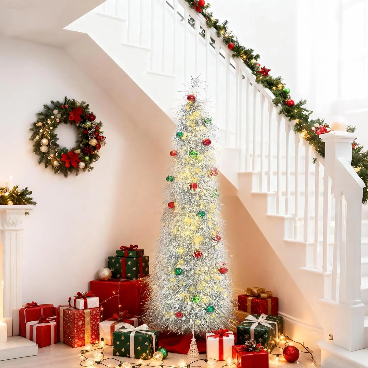 Christmas Tree 5ft Artificial with Light and Balls Ornaments Hairy Pop Up Pencil Tinsel Collapsible Stand for Xmas Holiday Party Decorations,  Office Display Decor,