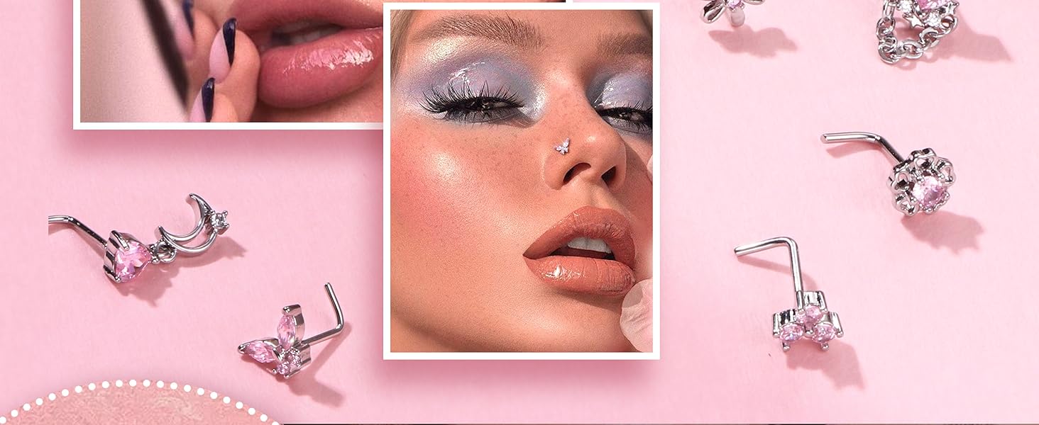 12PCS 20G Nose Rings Surgical Stainless Steel L Shaped Nose Studs for Women Men CZ Heart Butterfly Flower Leaf Moon Dangle Cute Nose Piercings Studs Screw Jewelry Pink