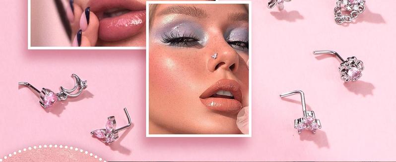 12PCS 20G Nose Rings Surgical Stainless Steel L Shaped Nose Studs for Women Men CZ Heart Butterfly Flower Leaf Moon Dangle Cute Nose Piercings Studs Screw Jewelry Pink