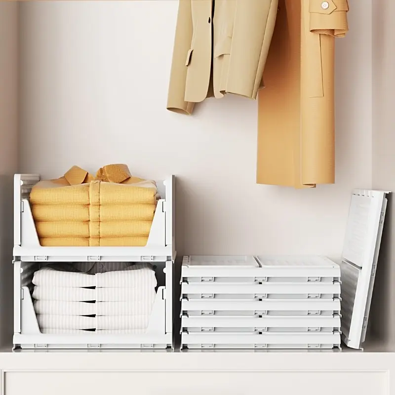 Stackable wardrobe storage baskets, multi-functional foldable wardrobe organizing baskets, suitable for use in bathrooms, kitchens, laundry rooms and wardrobe storage, space-saving clothing drawer organizing boxes.