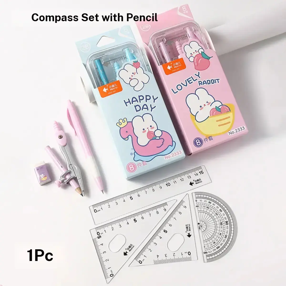 1Pc 2B Mechanical Pencil 8-Piece Geometry Drawing Set, Multifunctional Stationery, Includes Compass, Protractor, Ruler, Transparent Scale, Graphite Lead for Sketching, Drawing, Technical Drafting, Measurements, Grip, Anti-Slip, Ideal for School, Office
