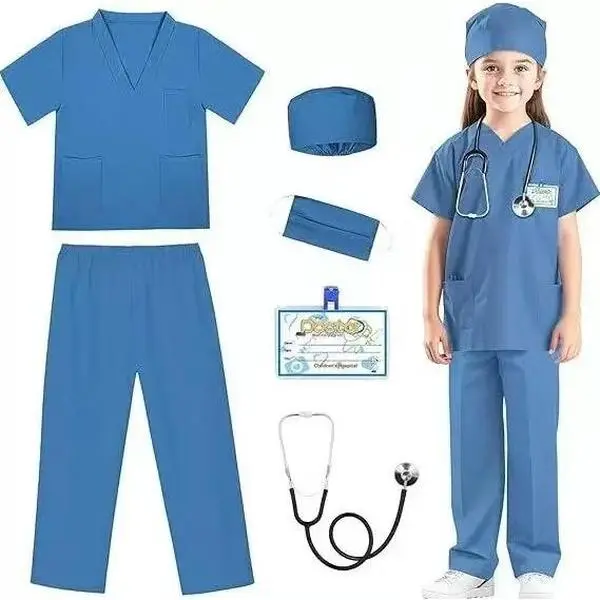 DM Kids' 6-Piece Doctor Pretend Play Costume Full Set - 100% Polyester Loose-Fit All-Season Outfits with Top, Pants, Hat, Mask, Name Badge, Stethoscope for Boys & Girls Stage Play, Party Wear