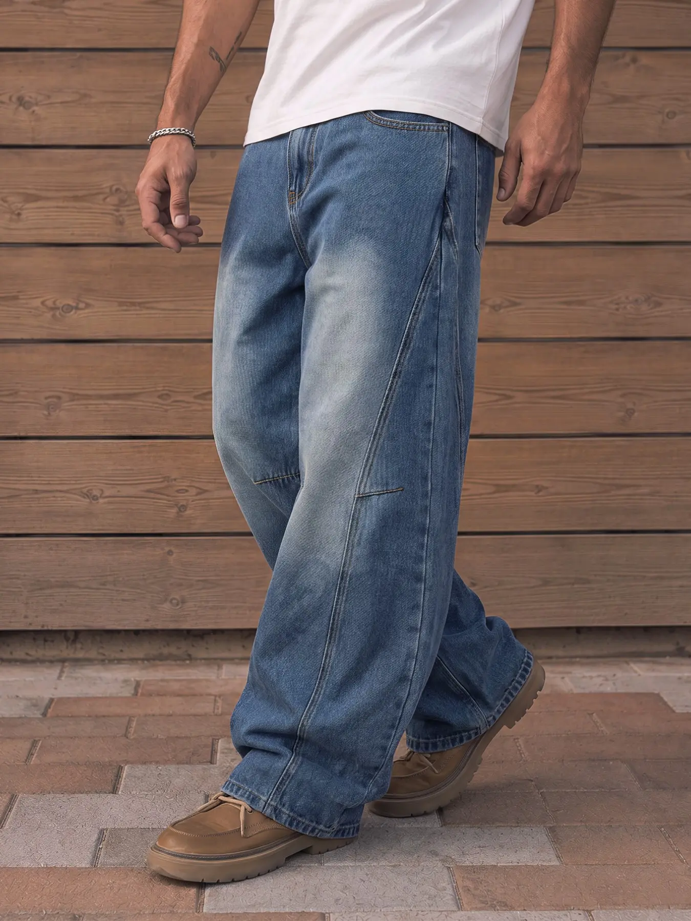 Men's Blue Loose Wide Leg Jeans, Vintage Washed Distressed Denim Jeans, Knee Patchwork Design, Y2K Street Fashion Casual Wear