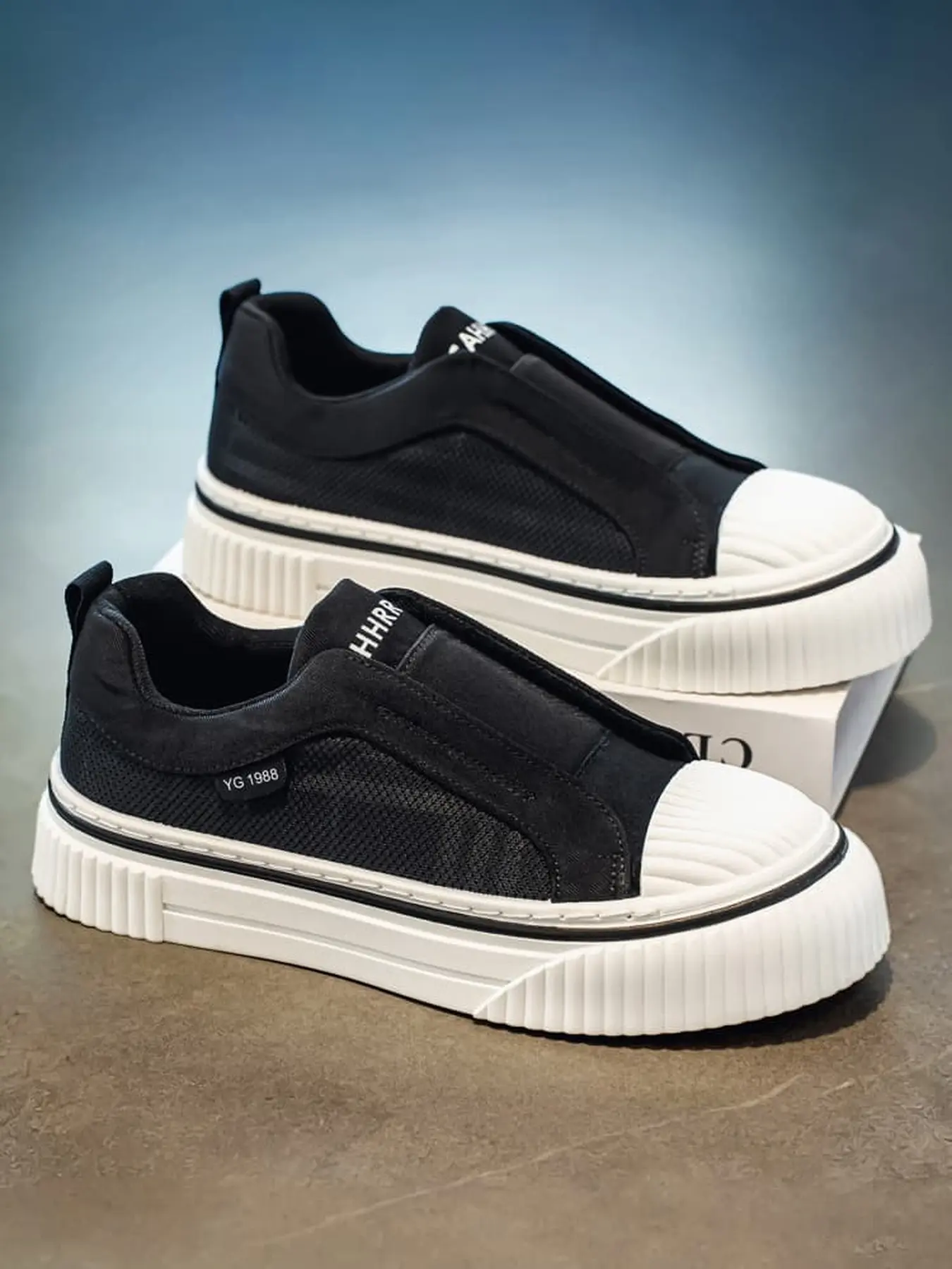 Men umbrella fabric spliced shell toe canvas shoes, slip-on breathable mesh, striped anti-slip thick sole versatile retro street sneakers