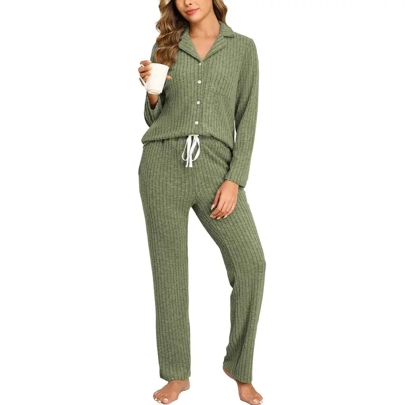 Women’s Basic 2-Piece Ribbed Knit Pyjamas Set - Lady’s Warm Soft Longsleeves Sleepwear & Lounge Pants Loungewear for Sleeping, Relaxing (S-XXL)
