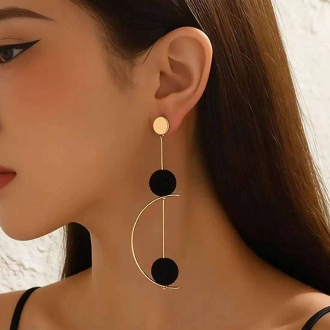Women's Black Pom Pom Stainless Steel Metal Crescent Moon Drop Earrings - Boho Long Dangle, Trendy Statement Jewelry, Lightweight Elegant Fashion Accessories for Evening, Date Night, Female
