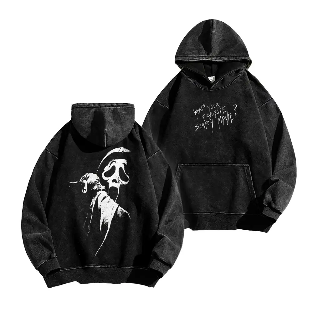 Scream Ghostface Retro Movie Portrait Graphic Vintage Washed Oversized Acid wash Hooded Sweatshirt