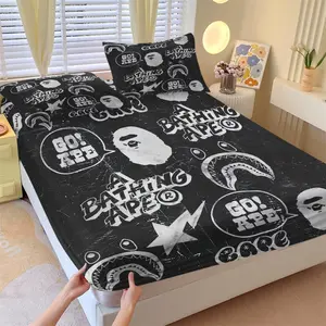 BAPE Graffiti Print Fitted Sheet Set and 2 Pillowcases Without Core, Ape Head Shark Mouth Vintage Texture Brand Letters, Soft Skin-Friendly Anti-Wrinkle, American Graffiti & Street Fashion Bedroom Decor, Fan Gift