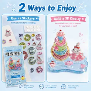 Blue Dessert Stack Scene Sticker Set, Cute Rabbit Cupcake Donut Candy Decorative Elements, Transparent Shiny Puffy Stickers, DIY Buildable Display Ornament, Suitable for Scrapbook, Planner, Phone Case, Album, Greeting Card, Desk Decor Gift
