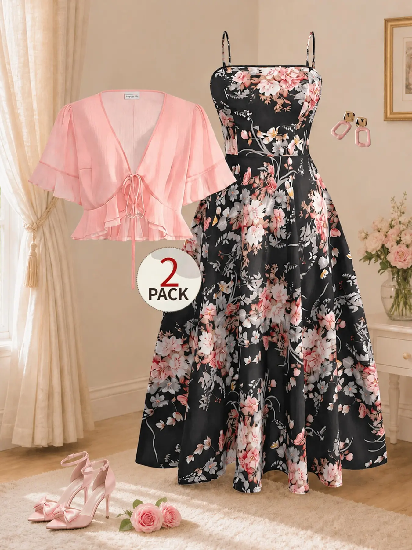 Women's Floral Dress Two-Piece Set, Chiffon Top Coat, Solid Color Ruffle Hem, Short Open Front Cardigan, Strapless Rose Dress, Spring Summer Fall