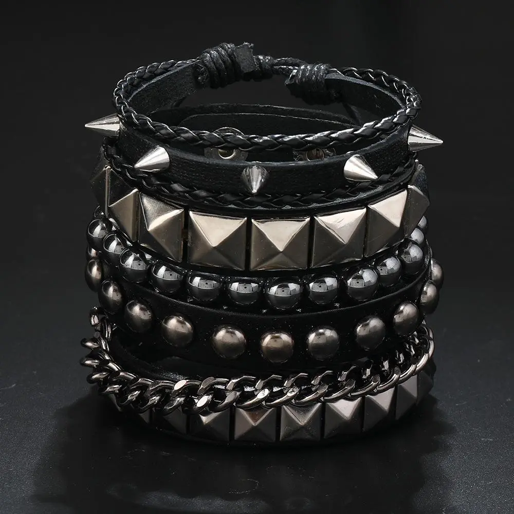 4Pcs Punk Rivet Spike Studded Bracelet Set Multi-layer Gothic Rock PU Leather Cuff Wristband Bracelets for Men Women Stackable Retro Emo Cuff Bracelets Halloween Accessories Cuff Bangle Jewelry
