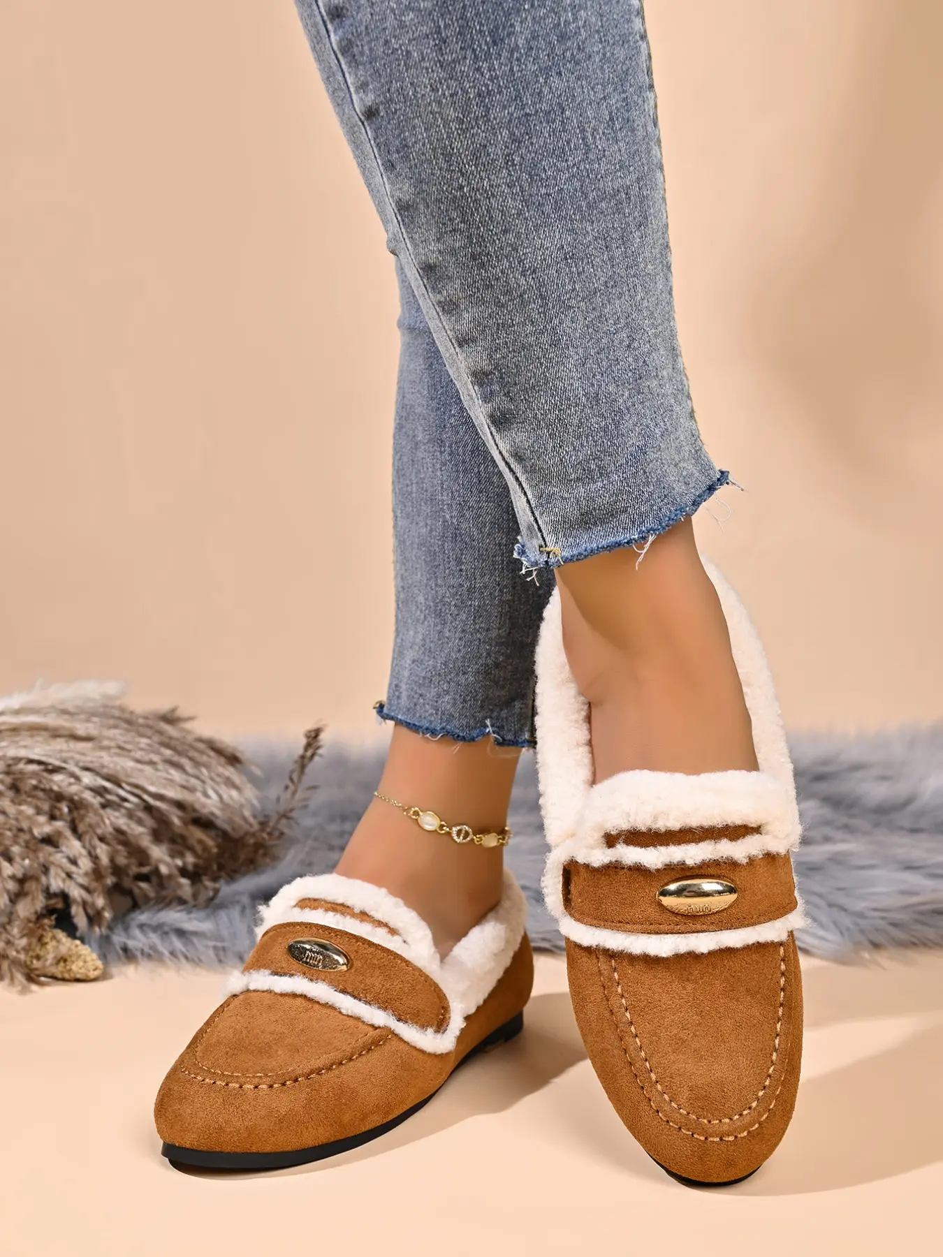 Women Fleece‑Lined Loafers Shoes, Metal Buckle Flat Slip‑On Warm Winter Casual Moccasins