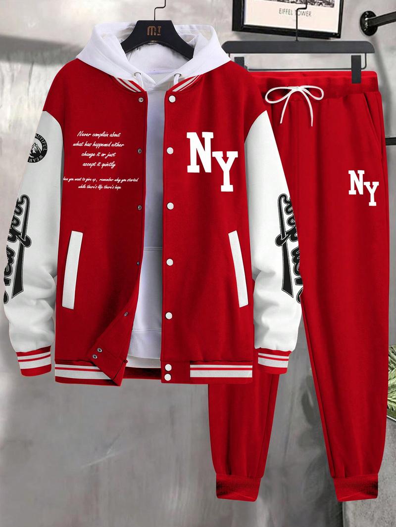 Two-Piece Set Men's Colorblock Letter Print Button Front Jacket & Drawstring Waist Sweatpants, Regular Fit Casual Long Sleeve Outerwear & Pocket Jogger Pants for Daily Wear, Men's Outfits for Fall & Winter