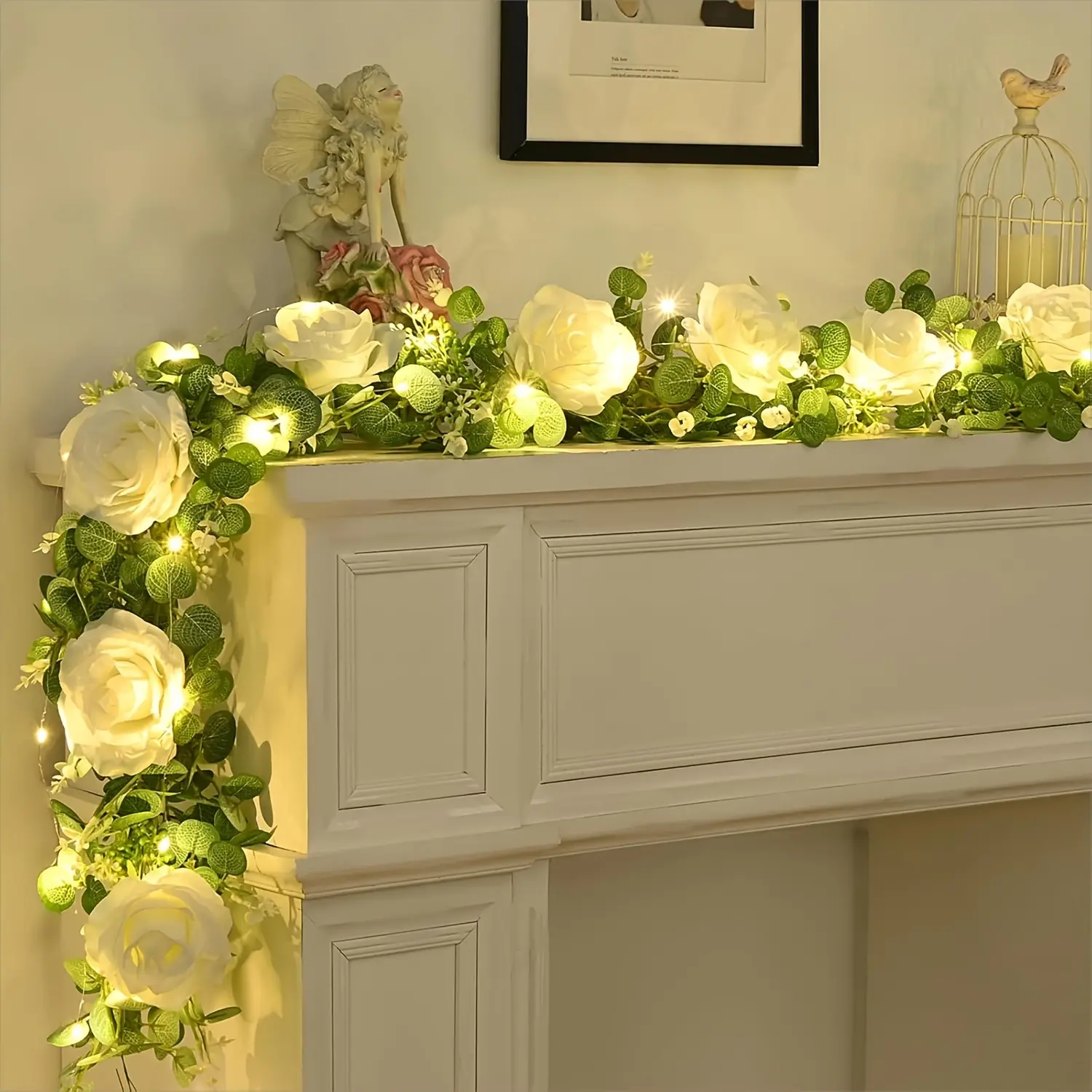 Composite Artificial White Classic Roses with Eucalyptus Leaves - Indoor Safe Home Decor, Wedding DIY Wreath Supplies, Photography Props for Special Occasions