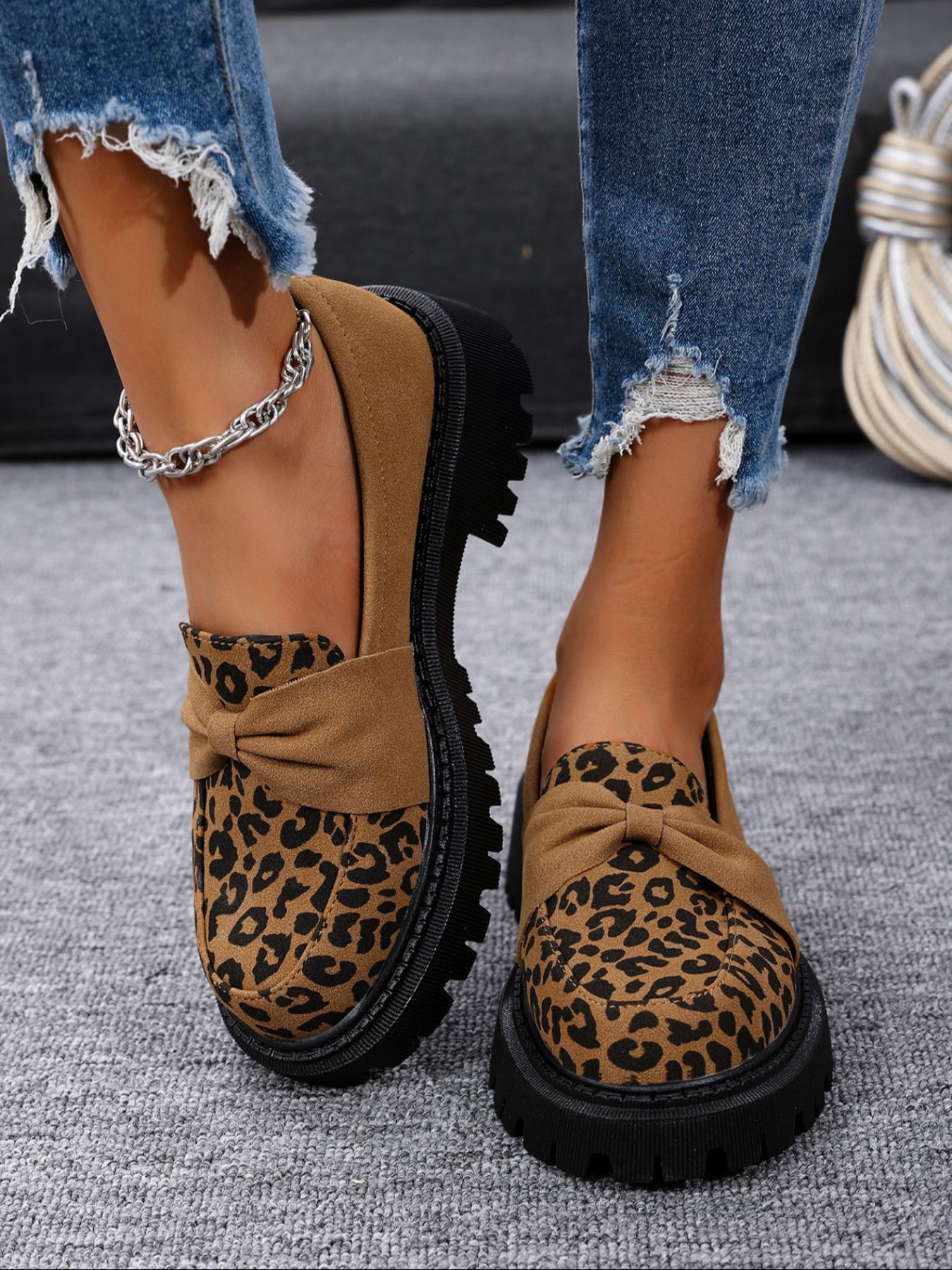 Women's Fashion Leopard Print Bowknot Design PU Leather Loafers, Casual Comfortable Slip on Shoes for Daily Wear, Lightweight Breathable Shoes for All Seasons