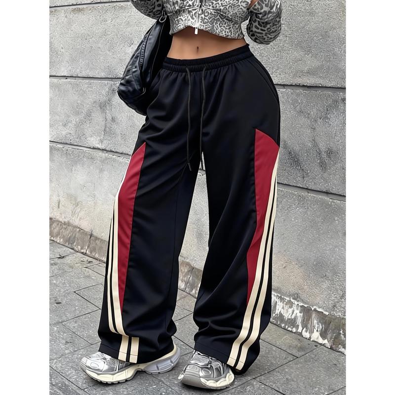Women's Chic Striped Colorblock Loose Mid-Waist Casual Pants - Lightweight Cotton Blend, Slight Stretch, Breathable, All-Seasons Daily Wear, Dry Clean & Machine Washable Womenswear Bottoms