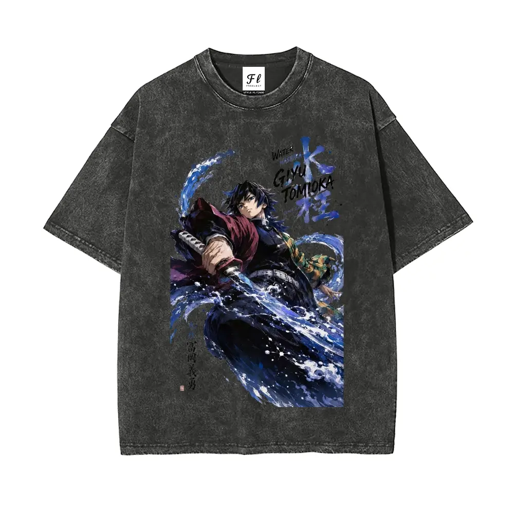 Men's Unisex Vintage Acid-Wash Aesthetic Baggy Textured Distressed Cotton Short-Sleeve T-Shirt - Giyu Tomioka Water Hashira Demon Slayer Anime Graphic, Khaki & Multiple Colors, Loungewear for Teen Otak Fans