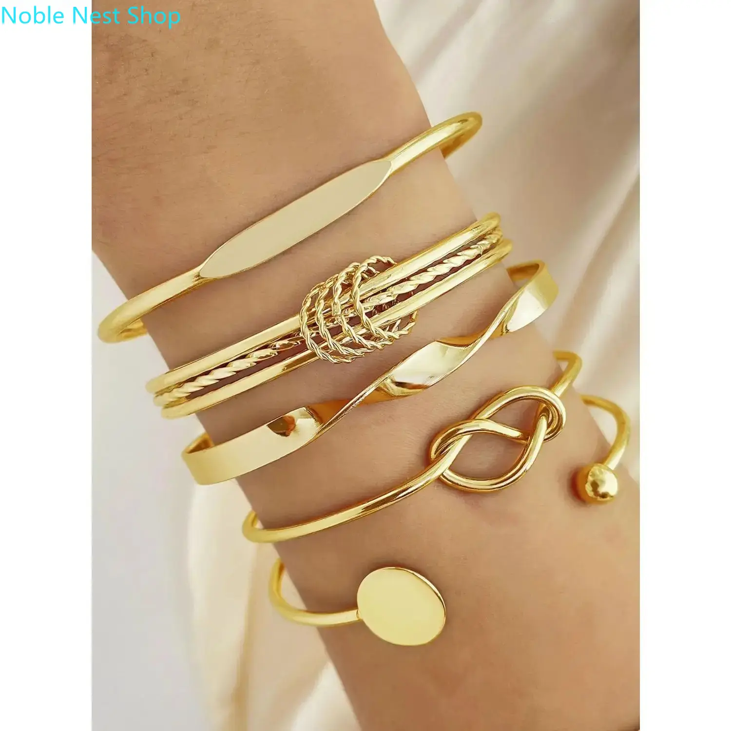 Women's 5-Piece Gold Bracelet Stack, Minimalist Geometric Metal Bangle Jewelry Sets, Adjustable Open Cuff Arm Candy Accessories, Stackable Bangle Bracelets, Gold Bracelet Jewelry Sets