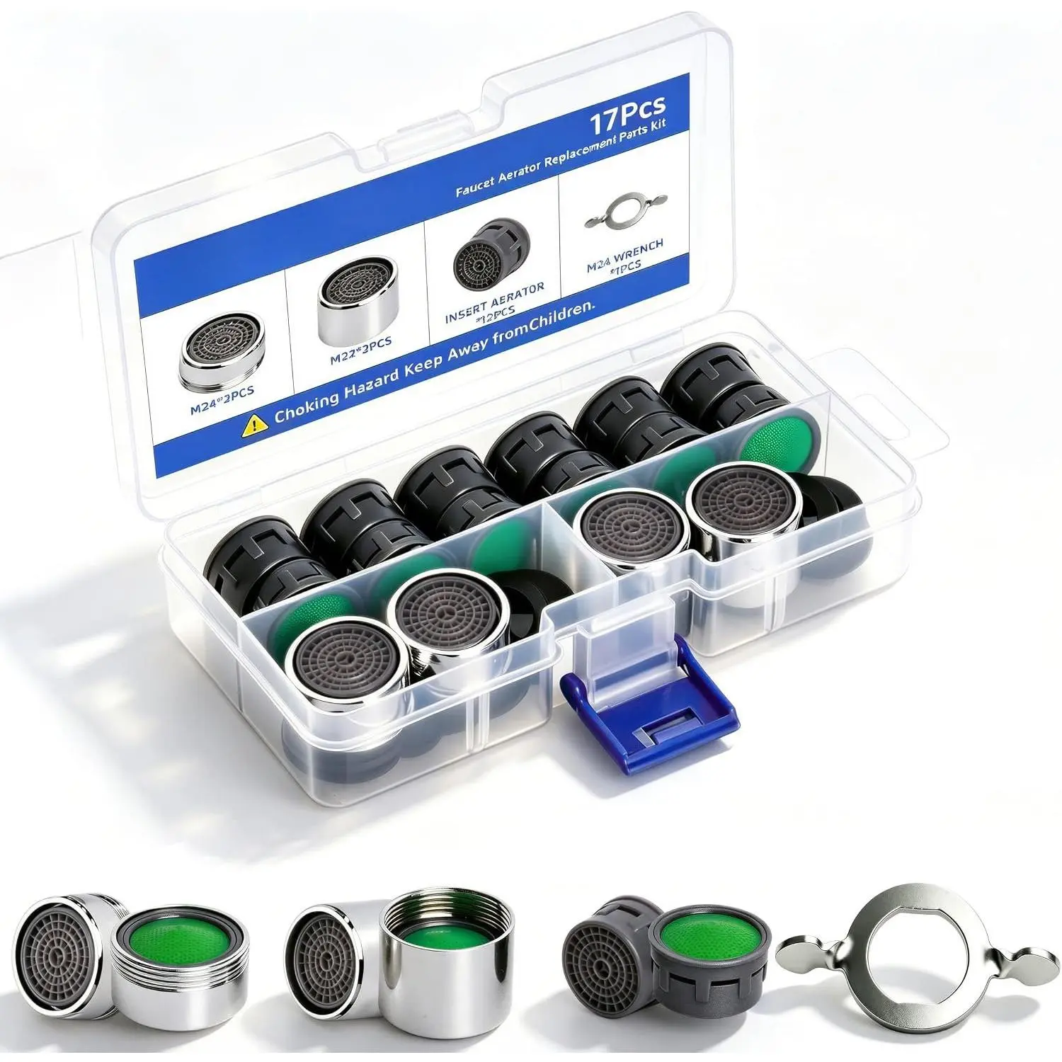 16 count Faucet Aerator  Kit, 12 Pack Insert Aerators, 2 Pack M24 (15/16") & 2 Pack M22 (55/64") Brass Aerators, Flow Restrictor with M24 Wrench for Kitchen & Bathroom Faucets