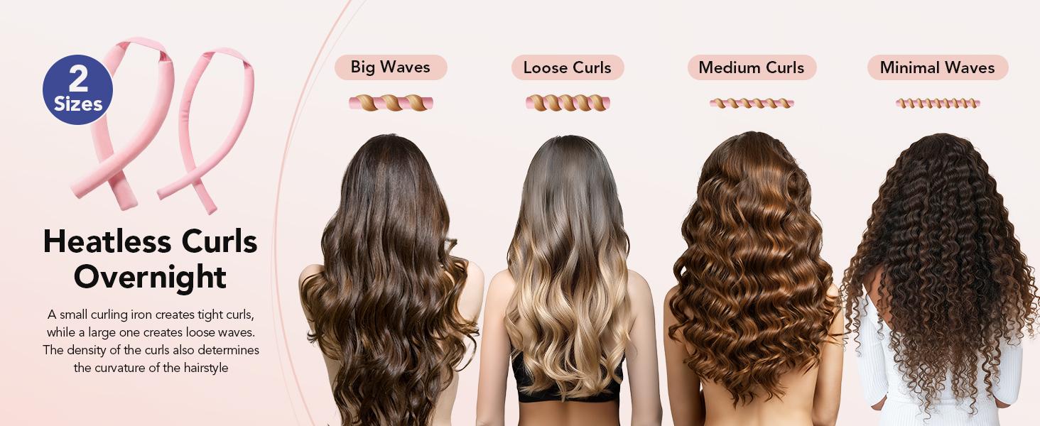 Heatless Curls Overnight, 2 Sizes of Soft Hair Rollers for Women with Bonnet to Sleep In, No Heat Hair Curlers Set with Scrunchies and Clips, for Long and Medium Hair (Pink)