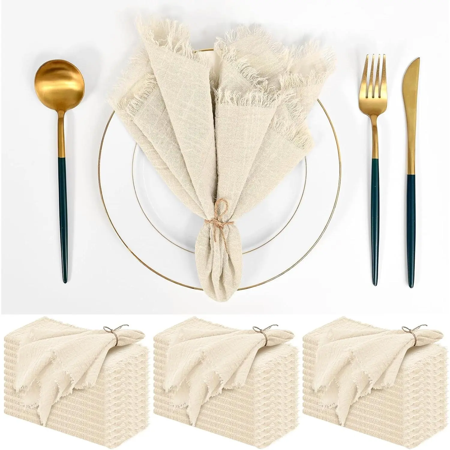 36 Pack Line Handmade Cloth Napkins 12 x 12 Inch Cotton Linen Napkins with Fringe, Washable and Reusable Napkins, Soft Rustic Boho Fringe Cloth Napkins for Dinners,Parties, Wedding