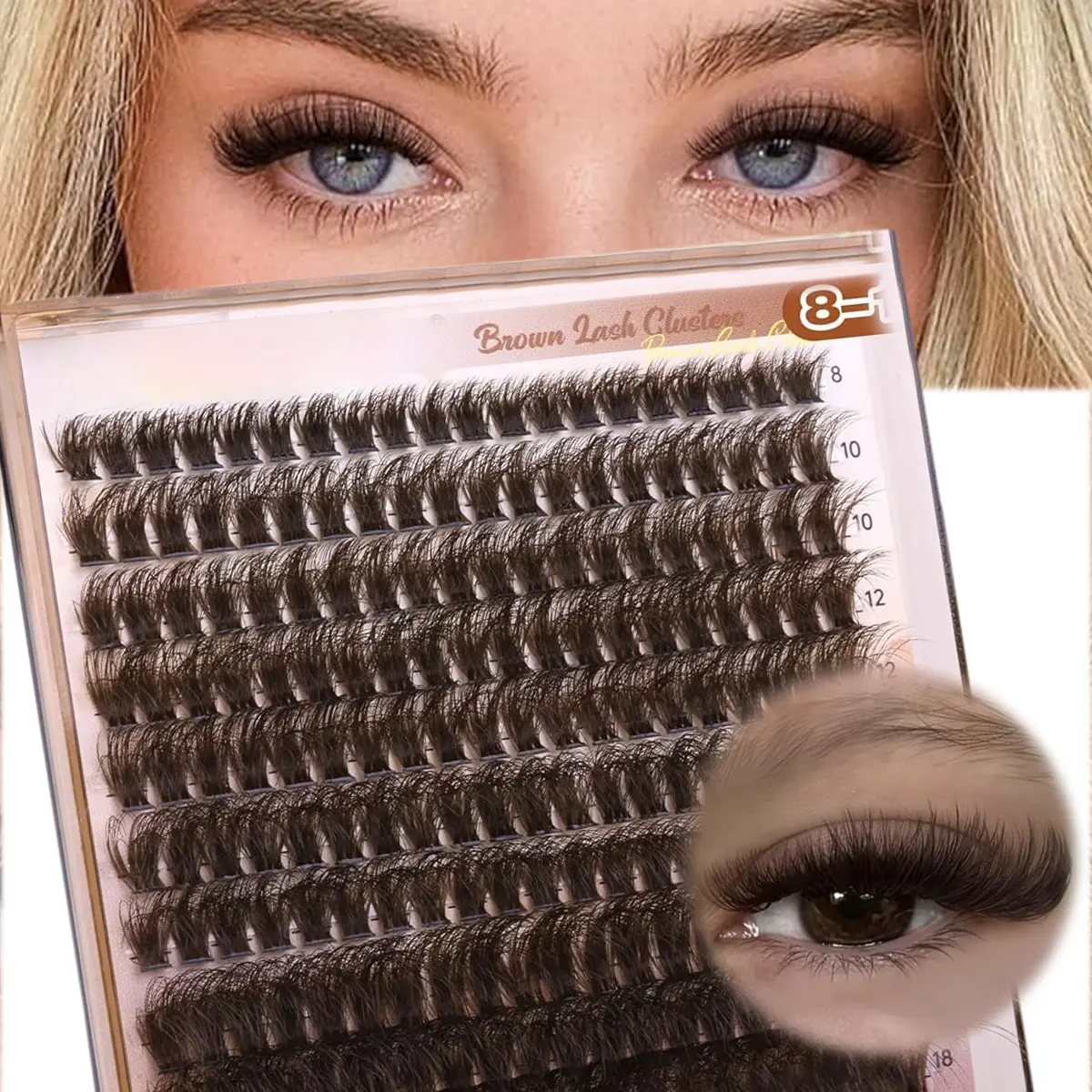 8-18mm D Curl Dark Brown Lash Clusters, 80D Wispy Thick Volume Individual Eyelash Extensions, Soft Lightweight Fiber DIY Reusable Cluster Lashes for Light Hair Color Makeup