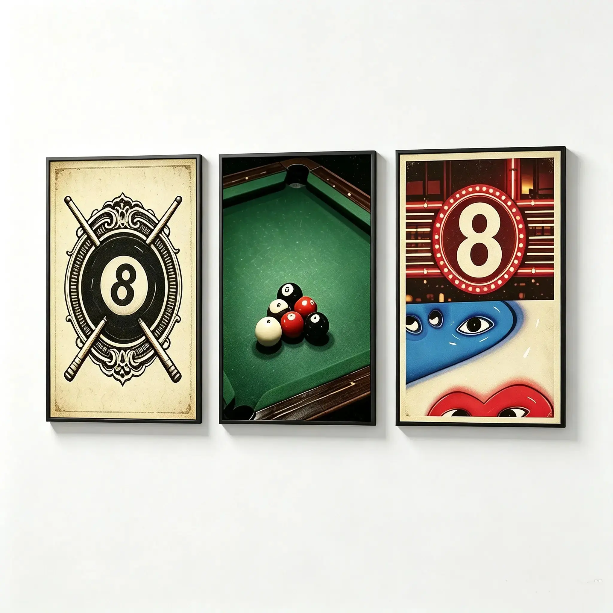 Frameless 3-Piece Canvas Art, American Retro Industrial Style, 8 Billiard Hall Decor, Pop Art Club Wall Hanging, Graphic Prints, Home & Commercial Use