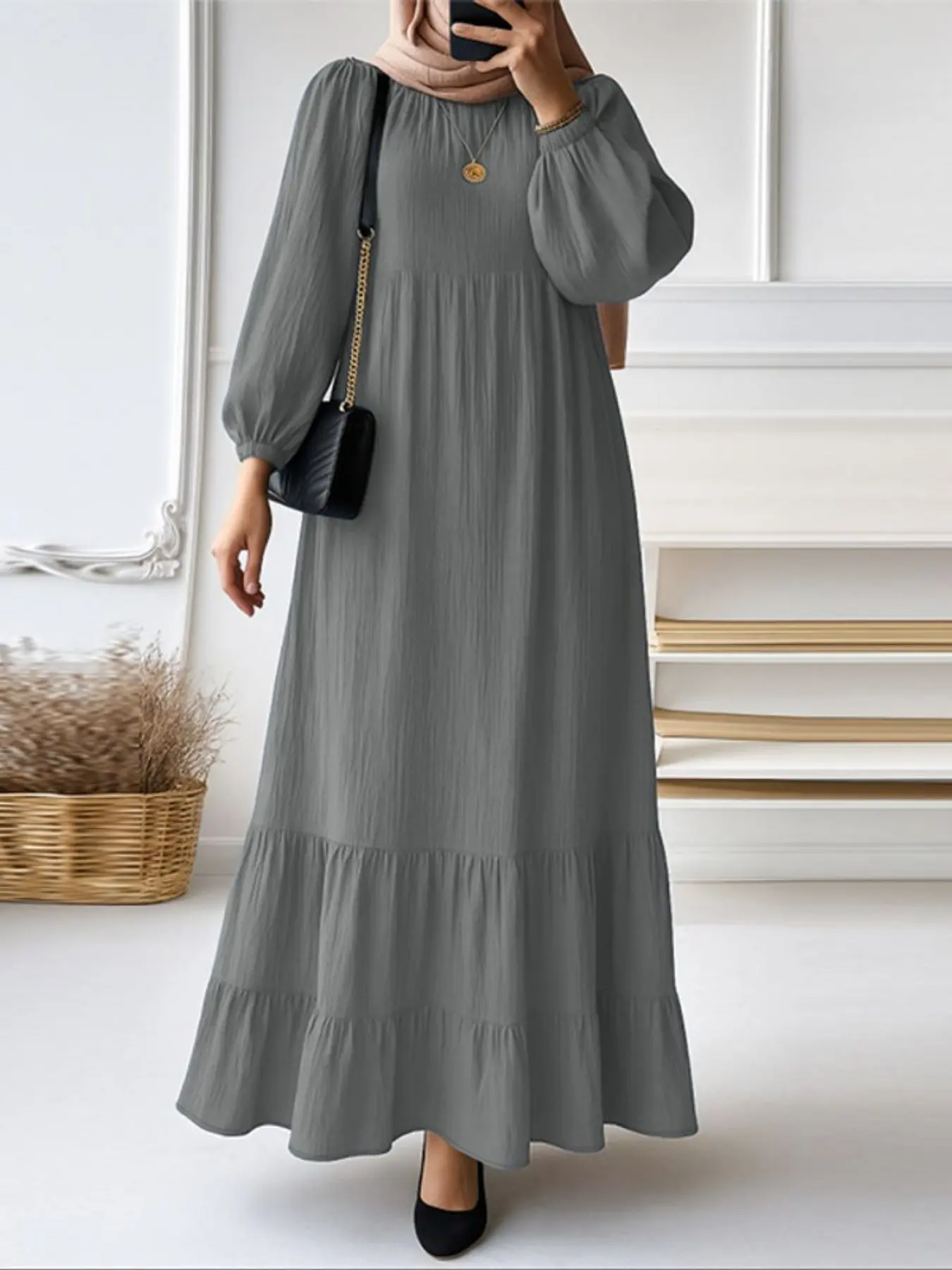 Women's Fashion Casual Dress, Hijabi Cute Dresses, Modest Outfit, Modest Style Dress, Modesty Muslim Clothing, Islamic Modesty Clothes, maxidresses, Long Sleeve Ruffle Hem Round Neck, Loose-Fitting Plain Dress for Daily Wear, Spring & Fall