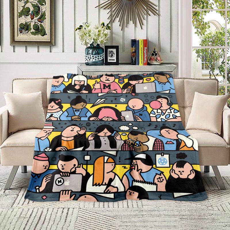 Soft Flannel Throw Blanket, Cute Commuter & Office Worker Cartoon Illustration Art Blanket, Cozy Daily City Life Crowd Scene Throw Blanket for Couch Bed, Aesthetic Urban Worker Decorative Blanket Gift for Home & Travel