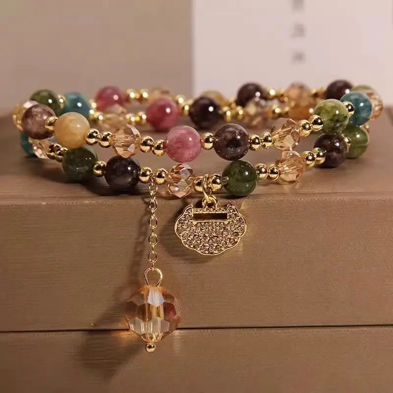 Unisex 2-Piece Tourmaline Gemstone Bag Charm Set, Double-Layer Rainbow Crafted, Elegant Premium Design, Lightweight Daily Luggage & Bag Accessory, Perfect Matching Best Friend Gift