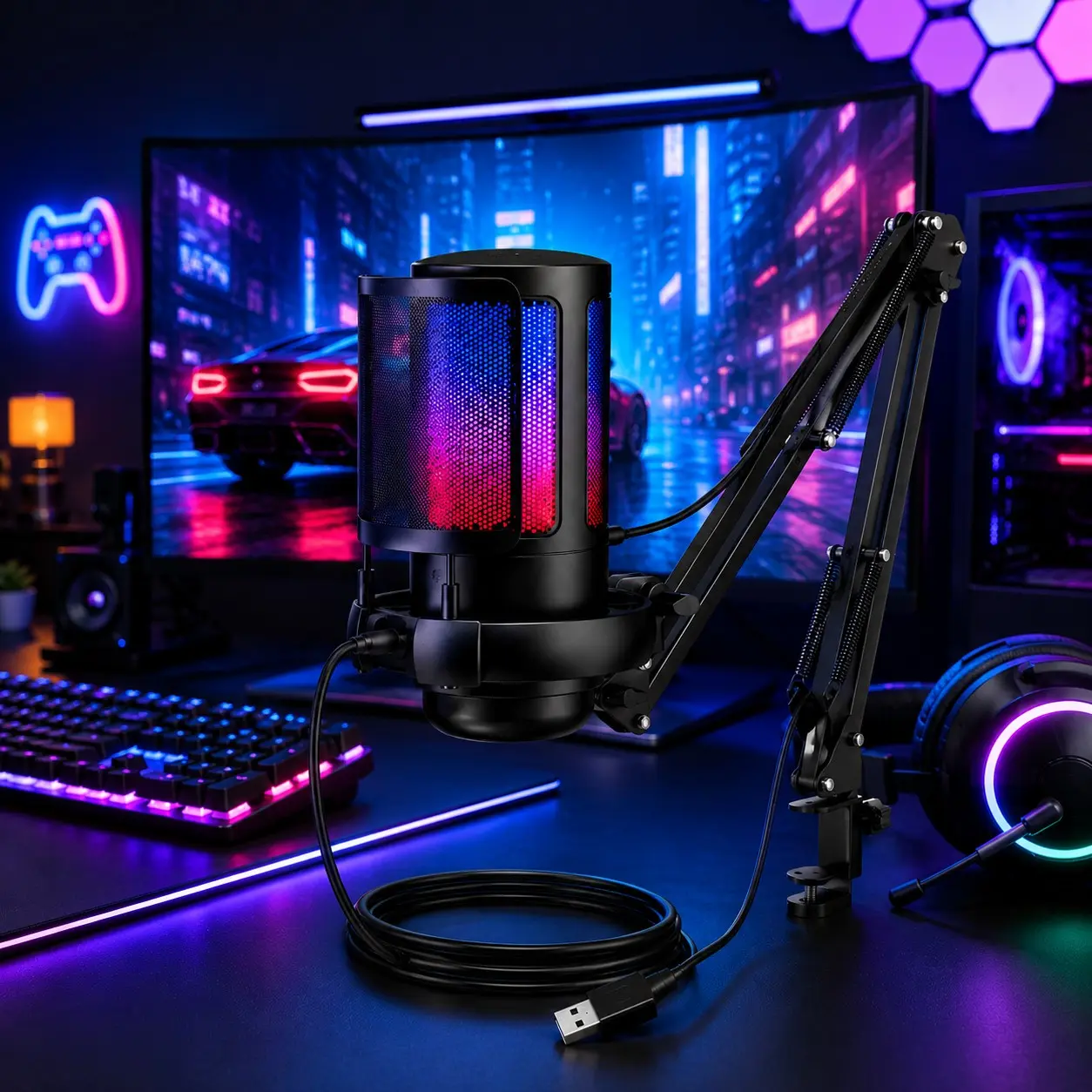 RGB Arm Mount USB Microphone, Gaming Live Streaming, Plug-And-Play Esports Desktop Peripherals, Home Recording Podcast Ktv Computer Mic, RGB Ambient Light