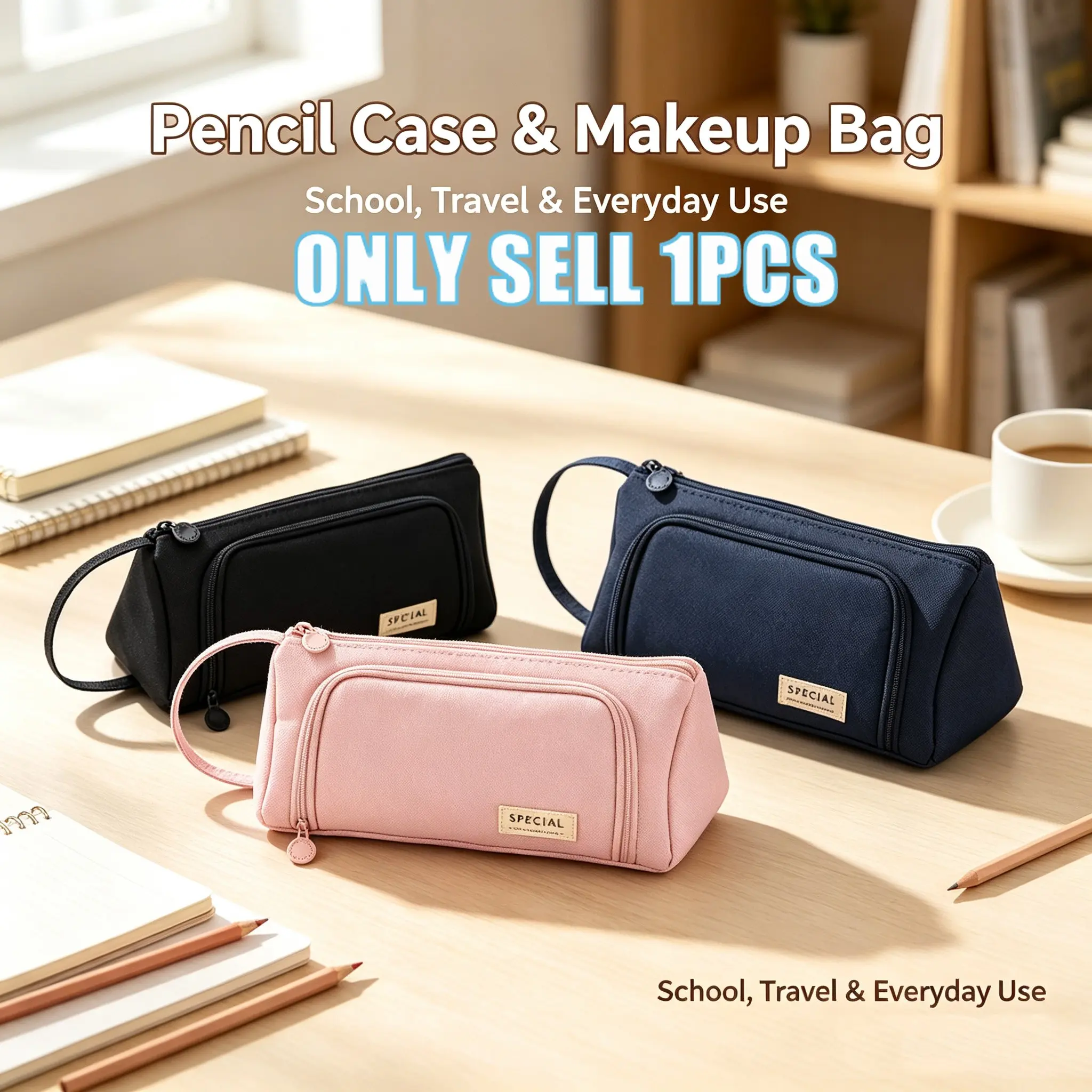 Large Capacity Canvas Pencil Case, Pencil Pouch, Holds 30+ Pens, Side Open Dual Function Pen Bag, Thickened Durable, with Handle, School Travel Essential