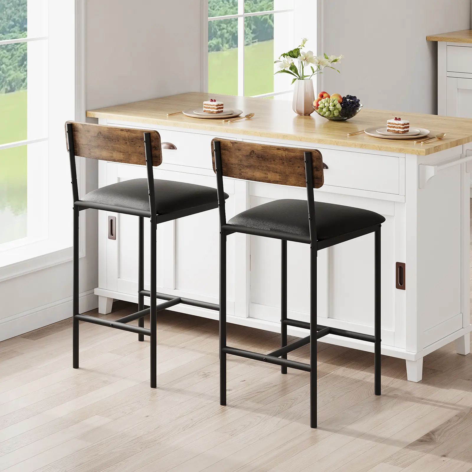 Garvee Modern 3-Piece Dining Table Set for 2 – Bar Table with 2 Upholstered PU Chairs & 3 Storage Shelves – Space-Saving Bistro Furniture for Apartment, Small Space, Breakfast Nook – Grey and Gold White