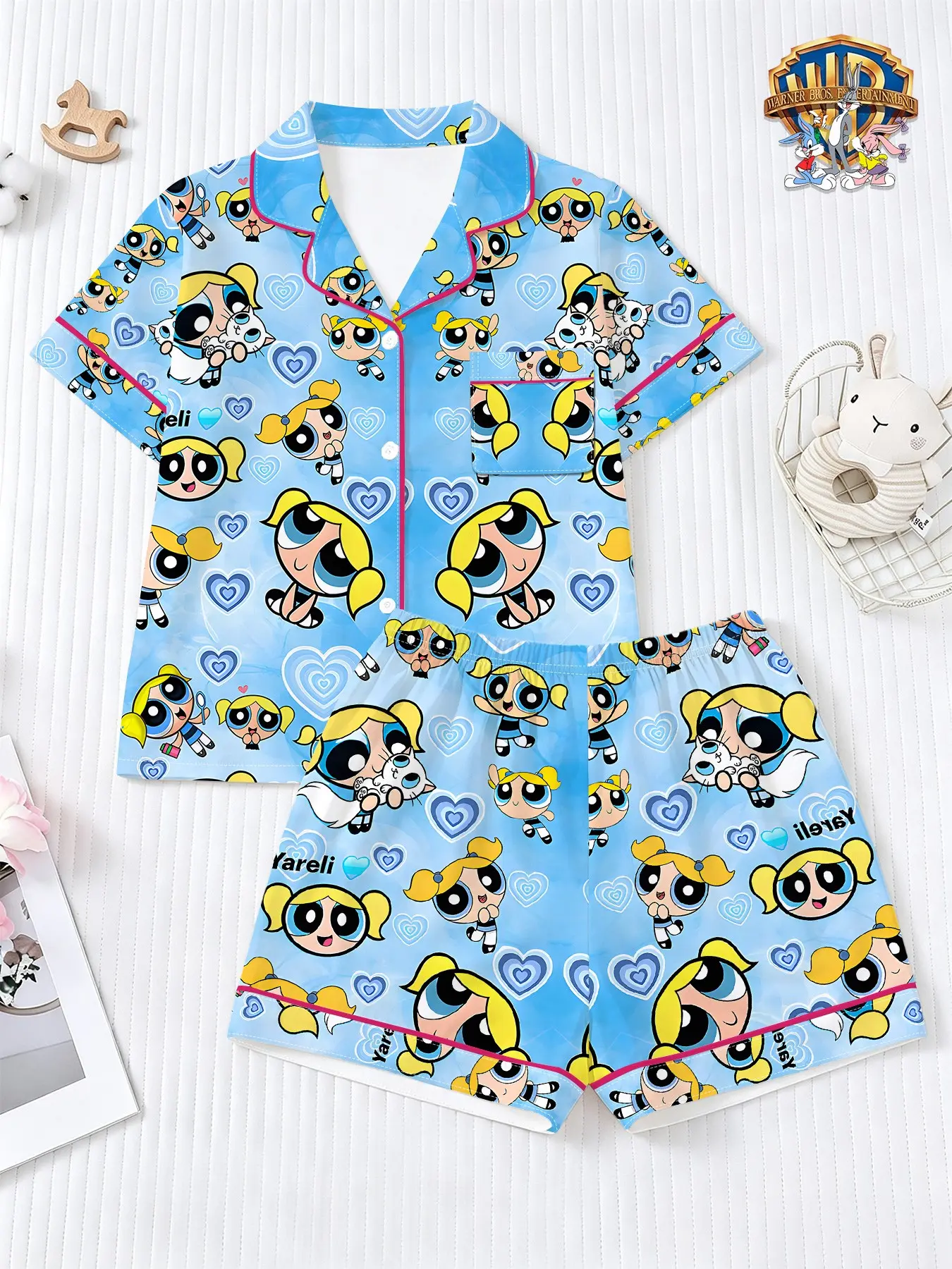 Warner Bros. Official the Powerpuff Girls Bubbles Kids Sleepwear Set, Loose-Fitting Casual Pajamas for Girls, Short Sleeve and Shorts