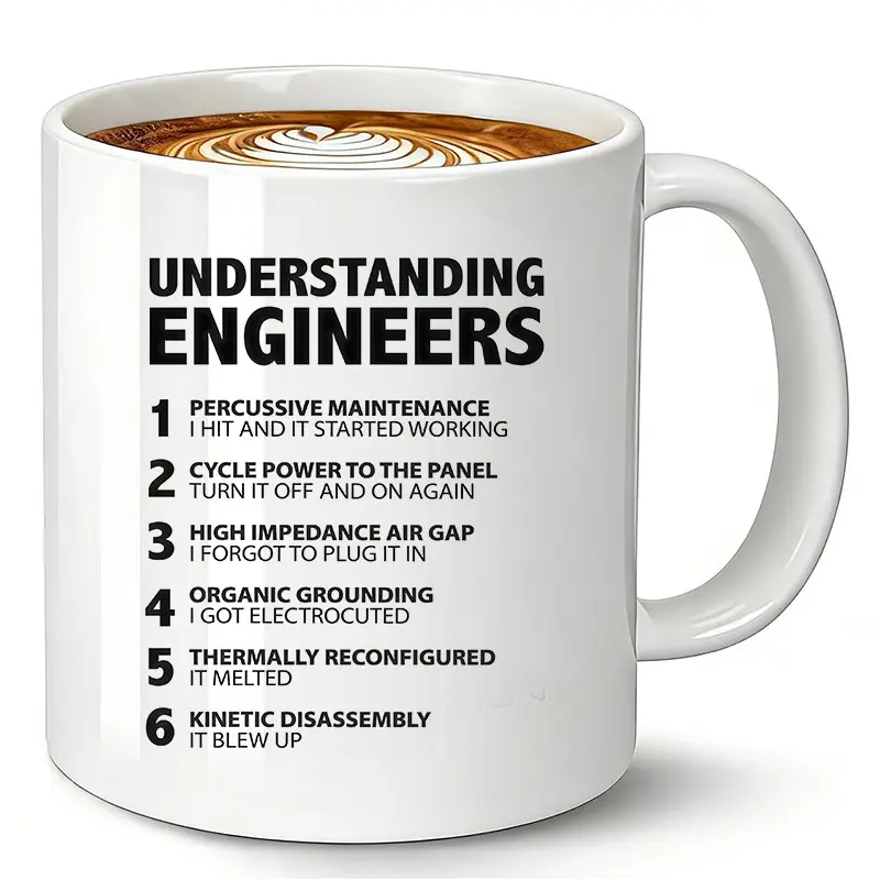 Funny Coffee Mug “Understanding Engineers – Percussive Maintenance, Cycle Power, High Impedance Air Gap, Organic Grounding” – 11oz Ceramic Tea Cup, Humorous Gift for Engineer Men Women, Great Birthday Gifts and Christmas Gift