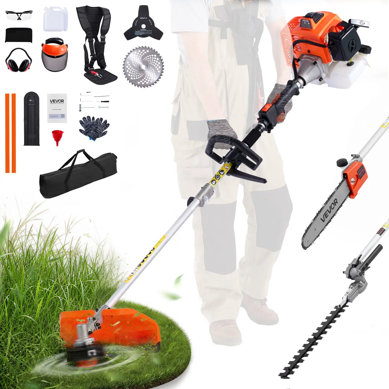 【toolupgrade】VEVOR Gas Hedge Trimmer, 2 Cycle Gas Power Handheld Hedge Trimmer, 5-in-1 63cc Cordless Weed Eater with Protective Gear Set, Includes Hedge and String Trimmer, Brush Cutter(3T 40T Blades), Pole Saw